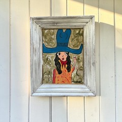 Mid Century Whimsical Folk Art Cow Girl Portrait by So Cal Artist Miguel Chavez