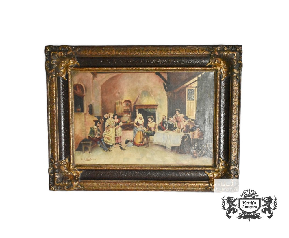 Antique European Tavern Interior Genre Scene Framed Signed & Dated 1910