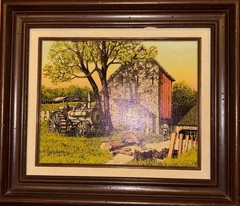 Vintage H. Hargrove Framed Farm Print Steam Tractor Barn Americana Landscape