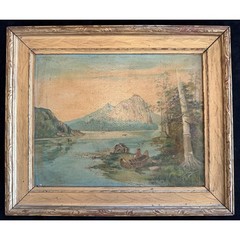 Late-1800s Antique Oil Painting – Indigenous Canoe Scene, Original Frame