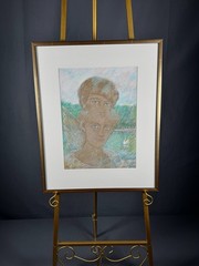 20th C Original Signed Pastel Drawing Children Swan Figurative Folk Art Framed