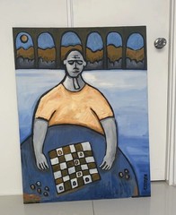 Original Large Painting Chess Checkers Man 40” X 30” Abstract Coffee Shop Art