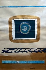 LEWIS MARCH AUSTRALIAN OIL COLLAGE „ABSTRACT BLUE MOON“ C 1990 UNFRAMED