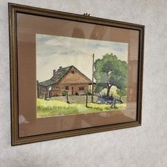 1972 Mixed Media Watercolor/Ink Landscape of Country Homestead by E. Becker
