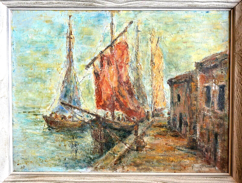 Antique Impressionist Oil Painting – Ships Docked at Port – Early 1900s?