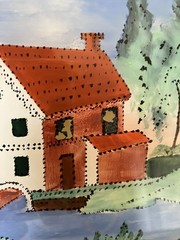Vintage Painting on Glass Red & White House on Blue Stream with Trees 13″ x 11″