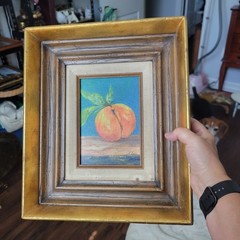 Vtg Original Still Life Oil Painting In Ornate Gilt Wood Frame Peach Signed OOAK