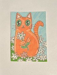 ACEO – Mini Cat Art 2.5X3.5” Titled ‘Flower Cat’ Acrylics By Lyn’et