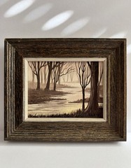 Mini Acrylic Framed Winter Landscape Painting Monochrome Trees Stream Signed