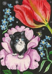 5×7 PRINT OF PAINTING RYTA TUXEDO CAT ANGEL FAIRY FLOWERS FOLK ART ROSE KITTEN