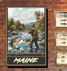 Bass Fly Fishing Travel Poster Maine Print, Canvas, or Framed
