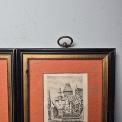 Vintage Pair Of 2 Mini Lithographs Signed European Architecture Framed