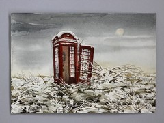 Winter Field British Telephone Box Conceptual Art Watercolor Original Painting