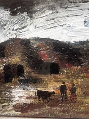 Soviet Georgian Modernist Oil Painting Village Landscape Figures Signed