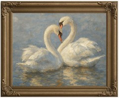 Swan Couple Wall Art – Romantic White Swan Print – Vintage Impressionist Oil