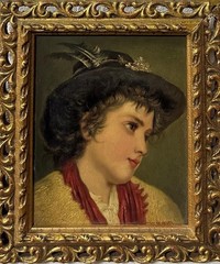 Roman School Boy with Feathered Hat Antique Oil Portrait Painting Framed