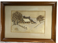 Primitve Folk Art Cabin in the Snow Watercolor 10 x 7 in image frame 15 x 11 in