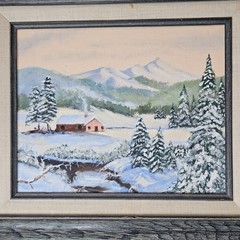 Vtg Framed Original Winter Landscape Painting Cabin in Snow Heritage GrandpaChic
