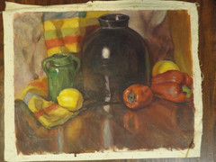 Vintage 1940s Oil on Canvas Still Life Crock Lemon Peppers 15.75×19.75″ Unsigned