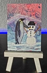 Aceo Original Mixed Media Painting, A Penguin Building A Snowman
