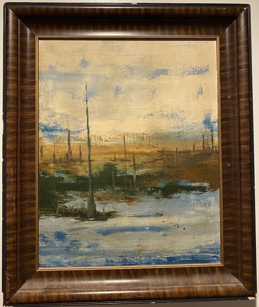 Mid-Century Modern Abstract Marsh Landscape Oil Painting Framed MCM
