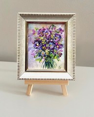 Original Oil Painting Bouquet Purple Violets Flowers Home Decor 3×2.5in Mini Art