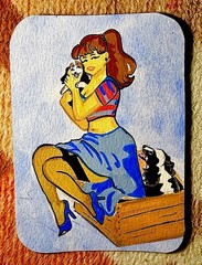 ACEO Original Pinup Brunette W/Puppies Acrylic On Paper 2.5×3.5 by BrieMcDoodles