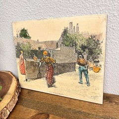 Etched Engraved Painting of Tennis Match by Edwin Abbey on Porcelain 1887