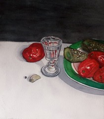 paintingwatercolorstilllifegiftpickledcucumbersandtomatoesonaplateaglasshandmade