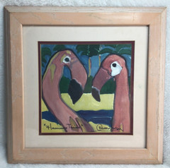 Original Watercolor Painting by NANCY LYNN ‘Flamingo Twins’ 1998, Framed