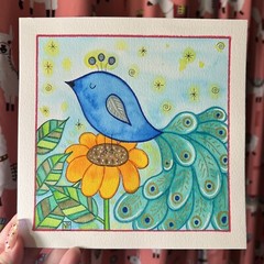 Original Watercolor Mixed media Art Painting – Cute Peacock & Flowers – 8×8”