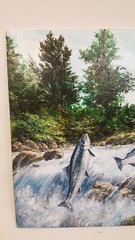Salmon jumping cabin in the woods painting by Anton Kimball 12×16 original