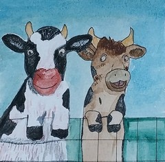 GAT Original Painting Whimsical Home Decor Signed Art 4×4 Cows On Cow Farm Gift