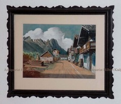 Gouache Painting „Alpine Village“ ca 1890 with Frame Indistinctly Signed