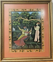 Antique/ Vintage Indian Hand Painting on Silk, Wood Framed Special Covered Glass