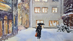 Urban Winter City Street Watercolor Painting Snowy Houses Windows Lights Art
