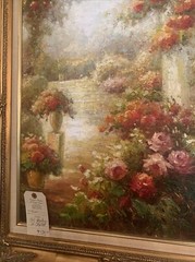 Beautiful European garden scene oil on canvas Framed￼ 27 1/2 “wide￼ 31 1/4 Tall