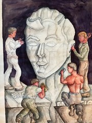 4 STONE MASONS WATERCOLOR SCIENCE RELIGION EDUCATION & LAW SIZE 40.5″ X 26.75″
