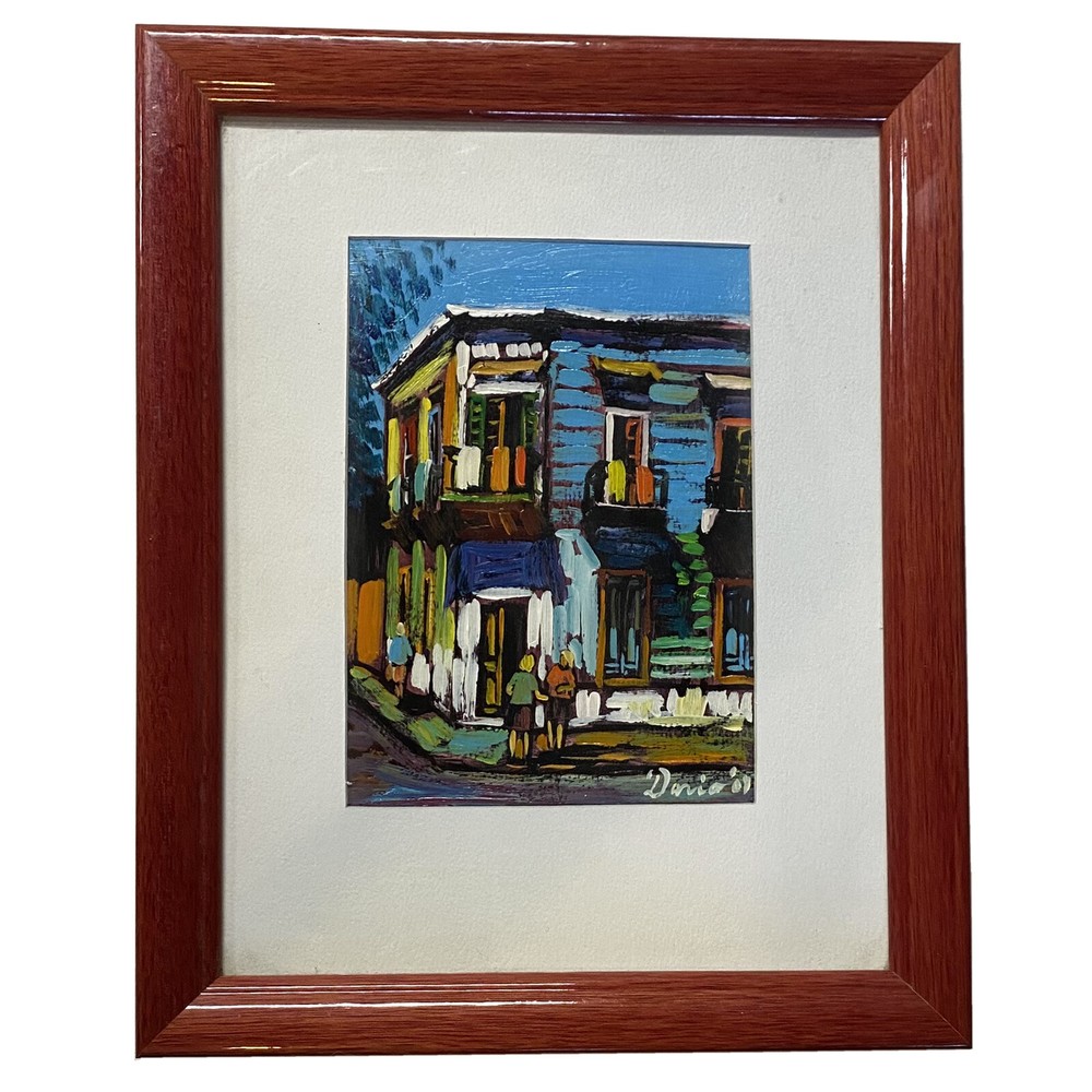 Framed Art Painting Print City Scene Houses Signed