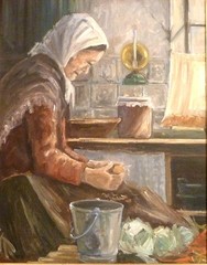MONOGRAM SIGNED! INTERIOR WITH OLDER WOMAN PEELING POTATOES