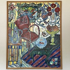 Celine Chourlet Acrylic Painting Red Chair Fish Bowl 49.5 in x 61 in Vibrant
