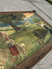Large Antique Original Oil ? Tapestry Painting Farm Landscape 43”Wx30”Tall