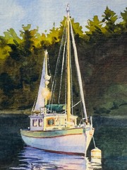 Watercolor Painting Seascape Sailboat Boat Yacht Landscape ACEO Art No.409