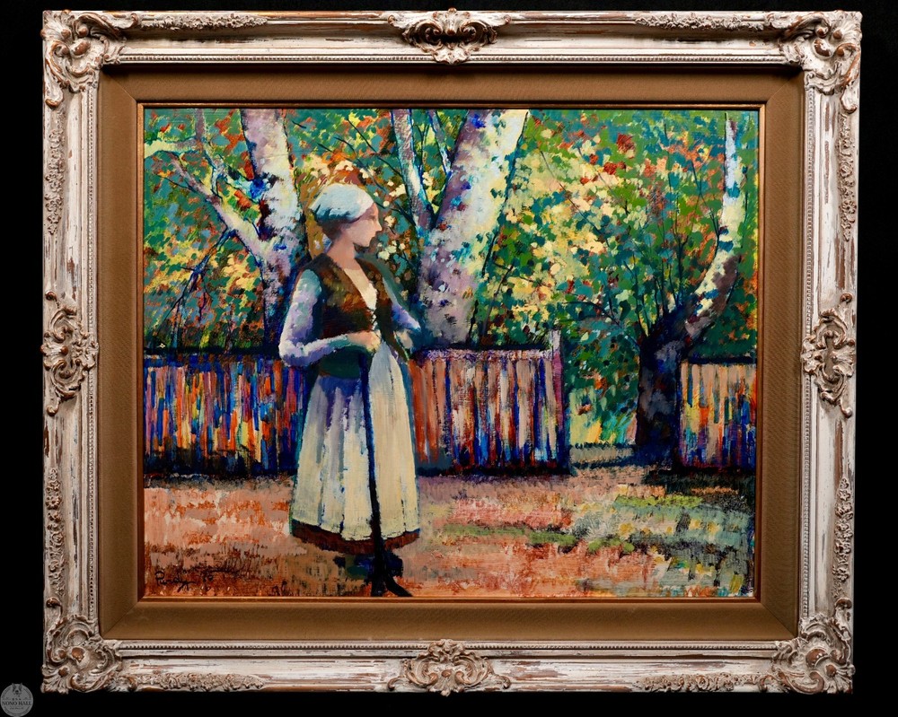 Vintage Framed Figurative Oil on Board „Woman in the Garden“ By Donald Roy Purdy