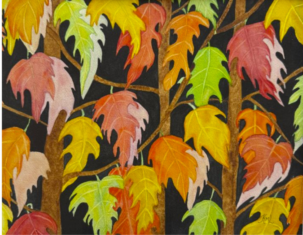 PAINTING WATERCOLOR 11X14 & MAT 16X20 TREE LEAVES AUTUMN ORANGE YELLOW RED FALL