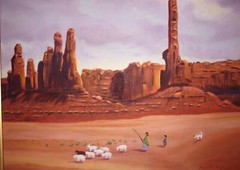 Original Oil On Canvas Desert Mesa Shepherdess, child, dog, flock. By Kari McKay