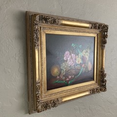 Vintage Original Oil Painting Fine Still Life Basket of Flowers and Fruit Signed