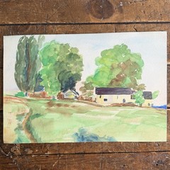 Original Watercolor Green Landscape Painting on Paper Rural Farmhouse Scene