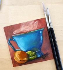 Framed Blue Cup & Macarons Original Oil Painting 4×4 Signed Kitchen Still Life