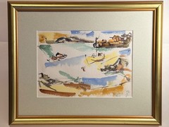 Ted Davis Signed 1954 Coastal Harbor Watercolor on Monhegan Island Modernist